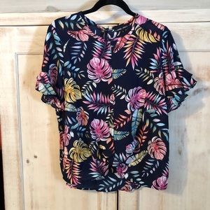 🌴 Hanna+Grace 🌴 Navy/Tropical Leaf Print Top